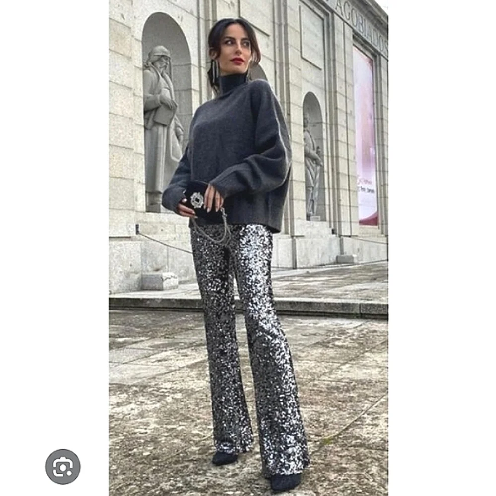 Zara FLARED SEQUIN PANTS LEGGINGS Size XS